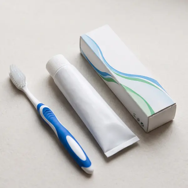 Une brosse à dents en plastique, un tube de dentifrice et sa boîte en carton, sans marque