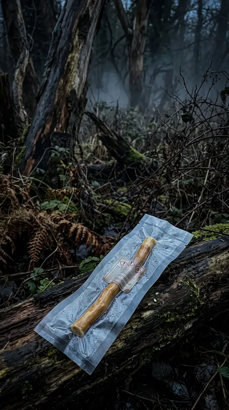 Illustration : un siwak humide sous vide posé sur un tronc, dans une forêt sombre